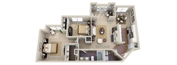 A 3D floor plan of a house with labeled dimensions.