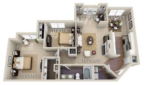 A 3D floor plan of a house with labeled dimensions.