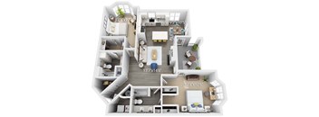 A detailed 3D floor plan of a two-story house with labeled rooms and dimensions.