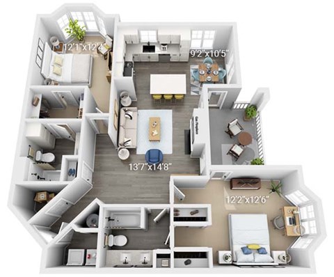 A detailed 3D floor plan of a two-story house with labeled rooms and dimensions.