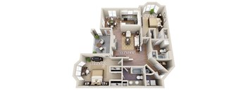 A 3D floor plan of a two-bedroom apartment with a living room, kitchen, and bathroom.