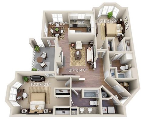 A 3D floor plan of a two-bedroom apartment with a living room, kitchen, and bathroom.