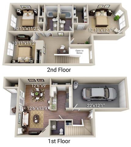 A diagram shows the layout of a two-story house with dimensions for each room.