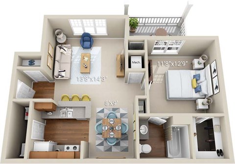 A 3D floor plan of a small apartment with a kitchen, living room, and bathroom.