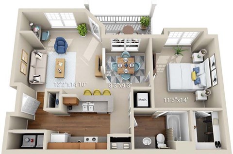 A 3D floor plan of a house with a kitchen, living room, and bathroom.