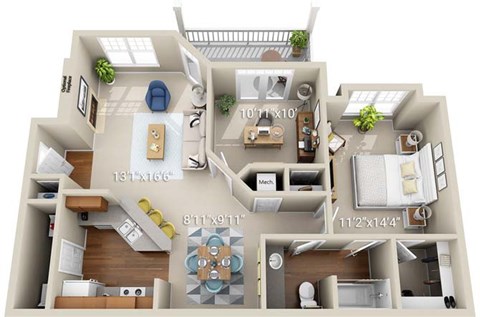 A floor plan of a house with a living room, kitchen, dining room, and bathrooms.