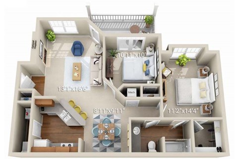 A 3D floor plan of an apartment with dimensions.