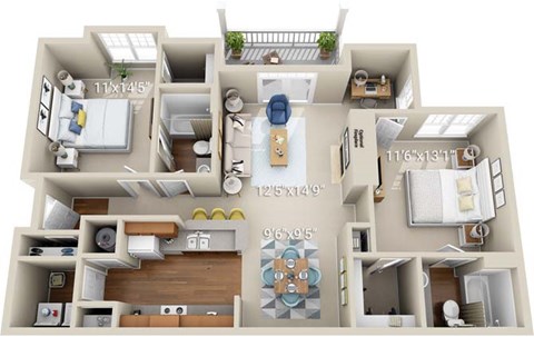 A 3D floor plan of a house with labeled dimensions.
