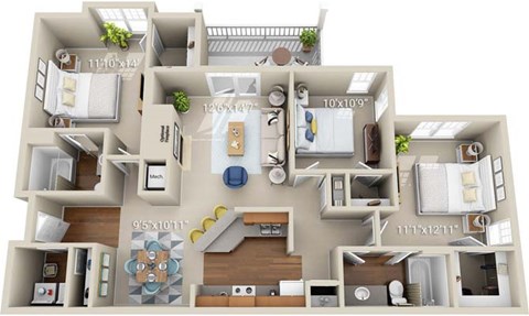 A 3D floor plan of an apartment with dimensions and furniture layout.