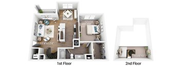 A floor plan of a two-story apartment with dimensions.