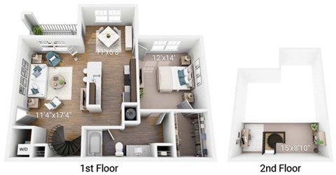 A floor plan of a two-story apartment with dimensions.