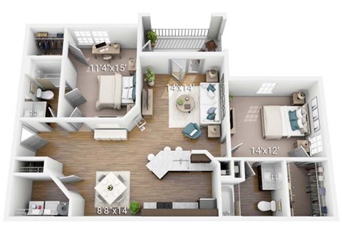 A floor plan of an apartment with dimensions and furniture layout.