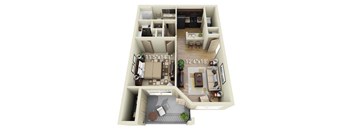 A 3D floor plan of a two-bedroom apartment with dimensions.