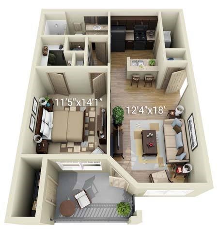 A 3D floor plan of a two-bedroom apartment with dimensions.