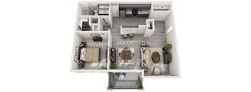 A floor plan of a two-story apartment with a living room, dining room, kitchen, and bedrooms.