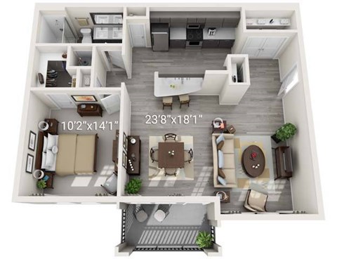A floor plan of a two-story apartment with a living room, dining room, kitchen, and bedrooms.