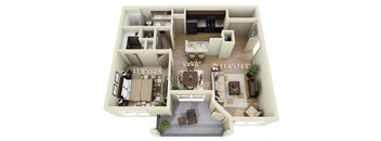 A 3D floor plan of a house with a living room, kitchen, dining room, and two bedrooms.