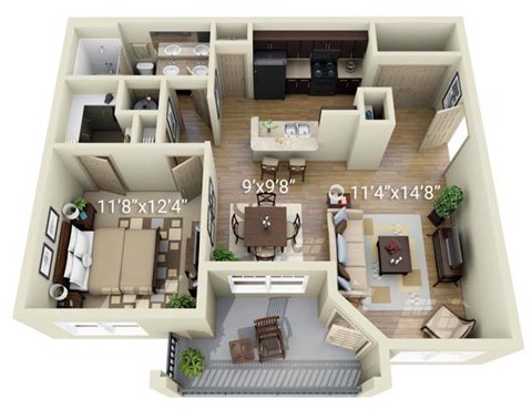 A 3D floor plan of a house with a living room, kitchen, dining room, and two bedrooms.