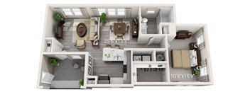 A 3D floor plan of a small apartment with a living room, kitchen, and bedroom.