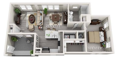 A 3D floor plan of a small apartment with a living room, kitchen, and bedroom.