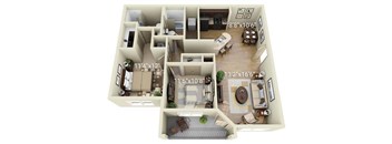 A 3D floor plan of a house with dimensions and room layout.