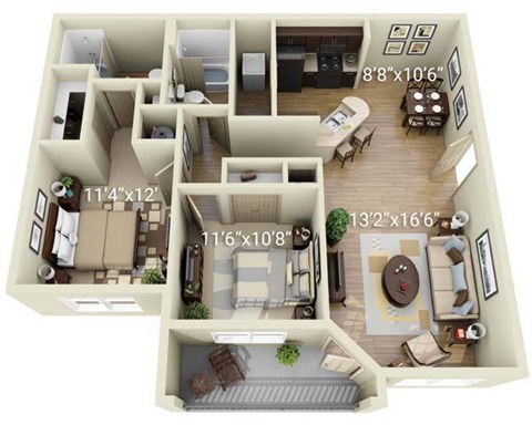 A 3D floor plan of a house with dimensions and room layout.