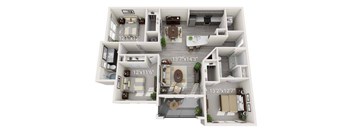 A 3D floor plan of a house with four different rooms.