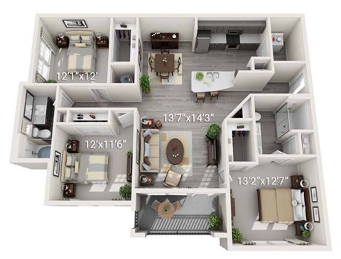 A 3D floor plan of a house with four different rooms.