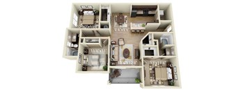 A 3D floor plan of an apartment with dimensions.