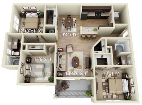 A 3D floor plan of an apartment with dimensions.