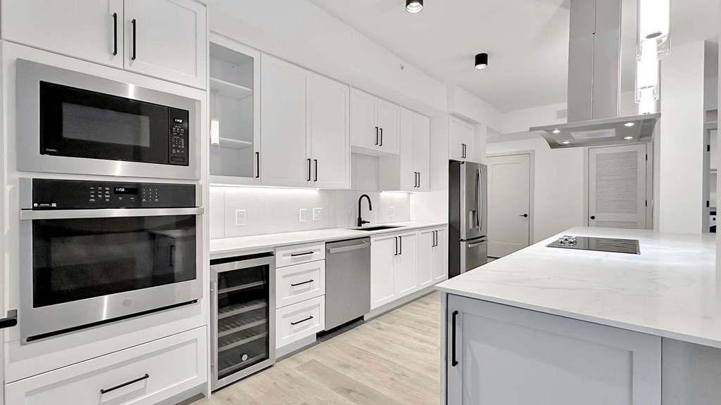 Stainless steel appliances and matte black fixtures and hardware