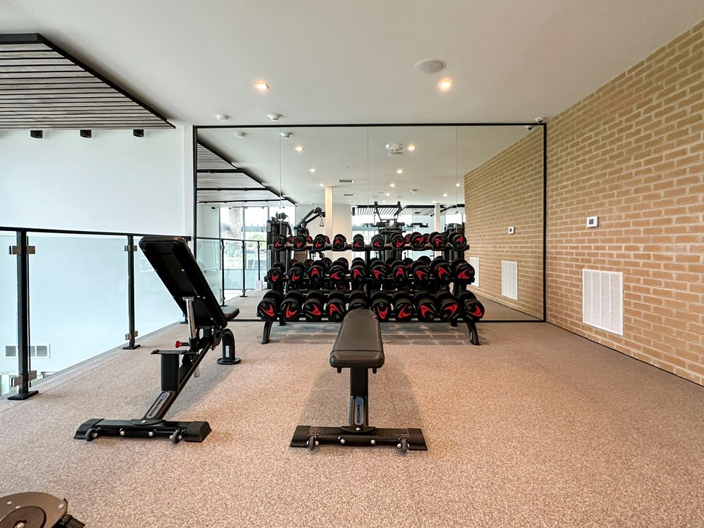 Bi-level fitness studio with free weights