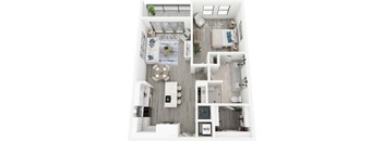 A floor plan of a small apartment with a kitchen, living room, and bedroom.