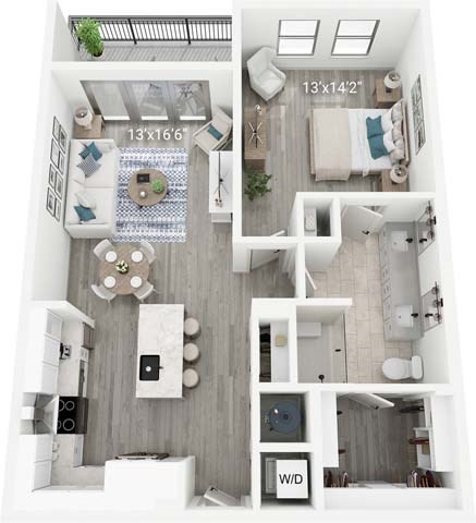 A floor plan of a small apartment with a kitchen, living room, and bedroom.