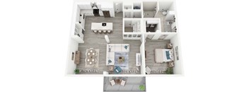 A floor plan of a house with a living room, kitchen, and two bedrooms.
