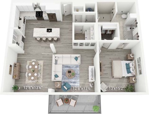 A floor plan of a house with a living room, kitchen, and two bedrooms.