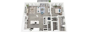 A floor plan of a small apartment with a living room, kitchen, and two bedrooms.