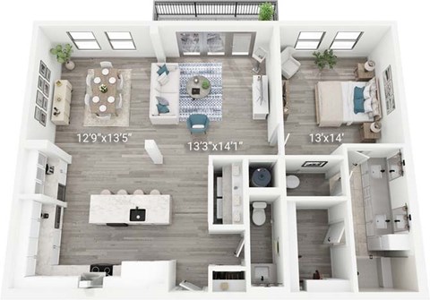 A floor plan of a small apartment with a living room, kitchen, and two bedrooms.