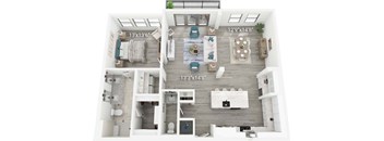 A floor plan of a two-bedroom apartment with a living room, kitchen, and bathroom.