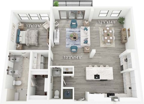 A floor plan of a two-bedroom apartment with a living room, kitchen, and bathroom.