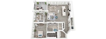 A floor plan of a two-story home with a living room, dining room, kitchen, and bedrooms.