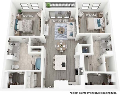 A floor plan of an apartment with dimensions and a note about bathrooms.