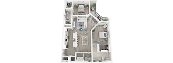 A floor plan of a two-bedroom apartment with a living room, kitchen, and bathroom.