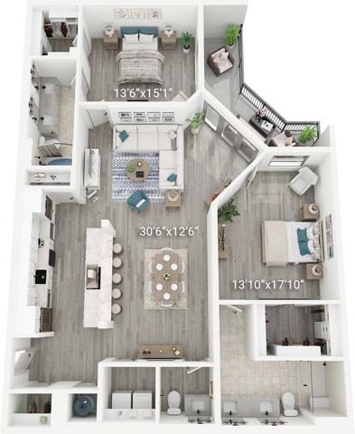 A floor plan of a two-bedroom apartment with a living room, kitchen, and bathroom.