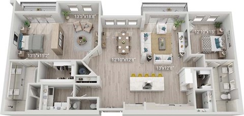 A floor plan of a two-bedroom apartment with dimensions and room layout.