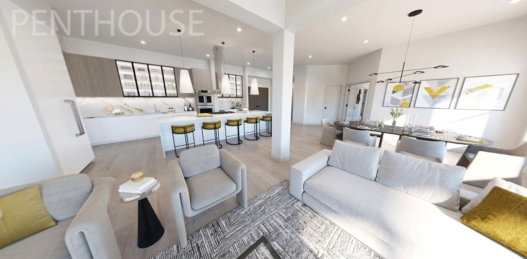 Kitchen, living room and dining room in the Penthouse