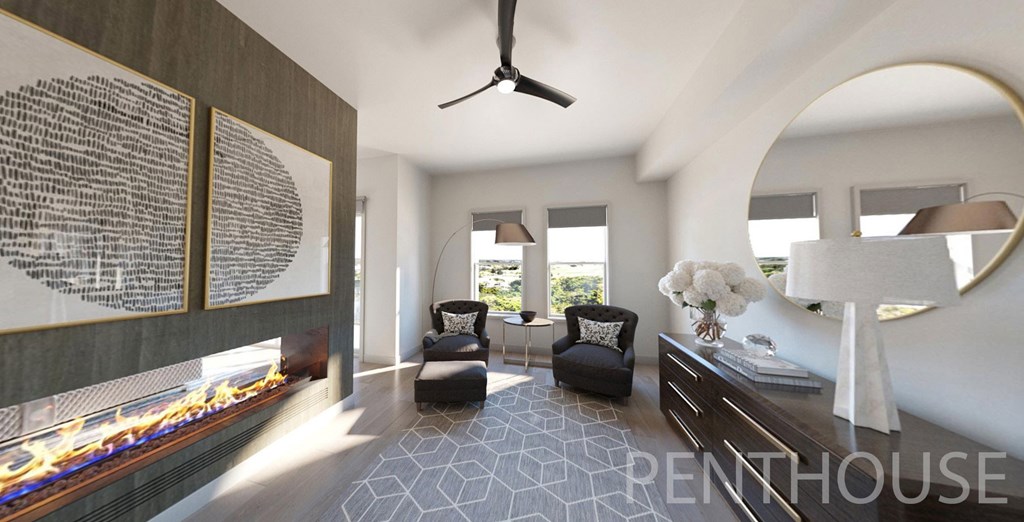Fireplace and seating area in Penthouse