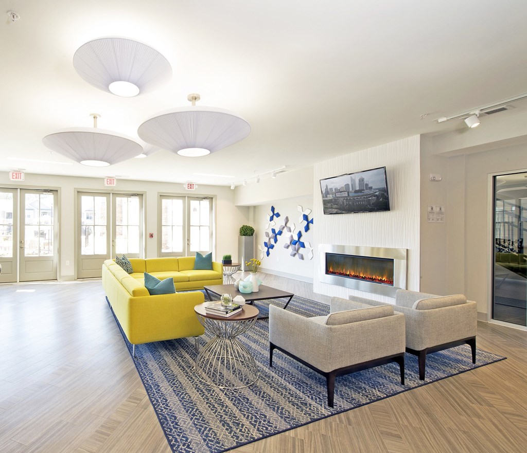 Spacious clubhouse lounge and fireplace