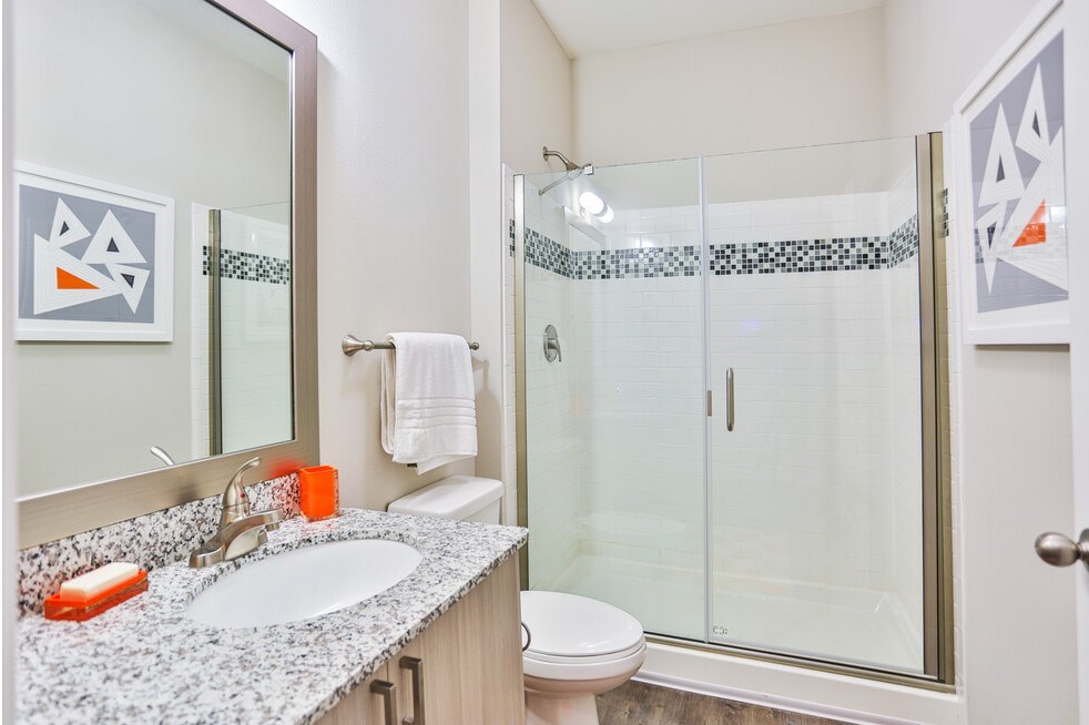 Frameless walk-in showers with designer tile