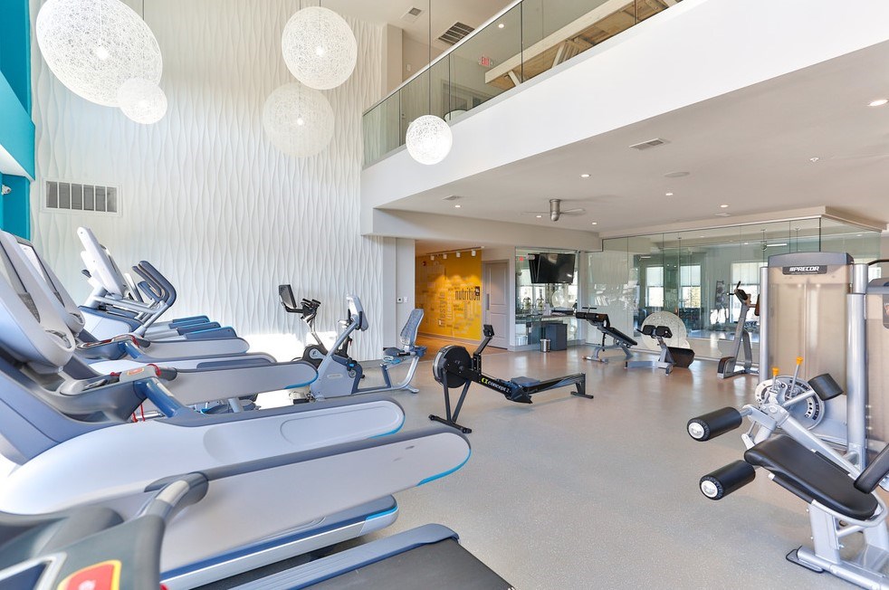 Professional fitness studio with virtual trainer, TRX bands and integrated yoga zone